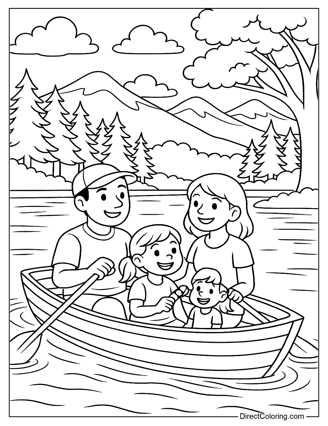 coloring page Family rowing boat on a calm lake, surrounded by mountains and green trees